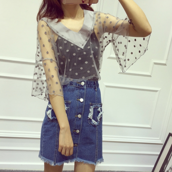 Дамски летни нежни ризи с къс ръкав от две части с V образно деколте бели, черни, сини, зелени