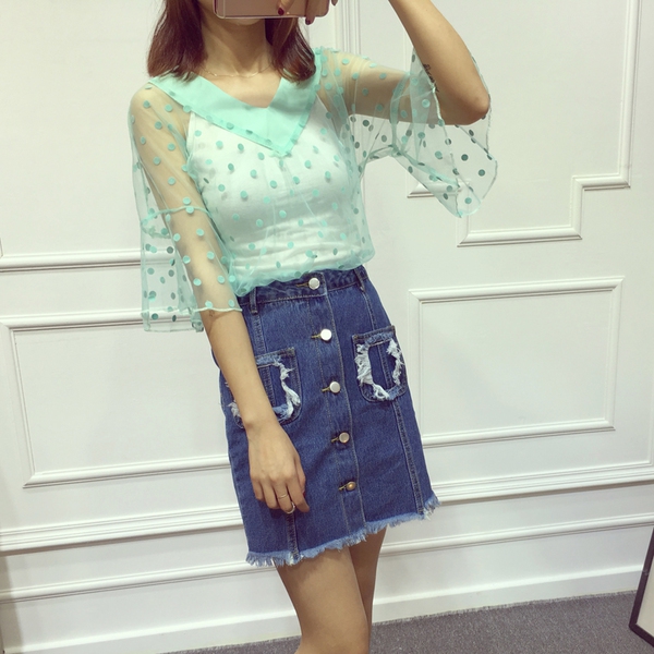 Дамски летни нежни ризи с къс ръкав от две части с V образно деколте бели, черни, сини, зелени