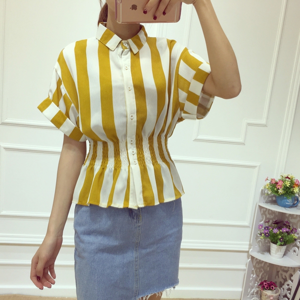 Дамски раирани ризи с къс ръкав в черно и жълто комбинирано с бели ивици