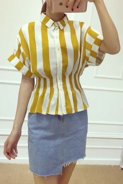 Дамски раирани ризи с къс ръкав в черно и жълто комбинирано с бели ивици