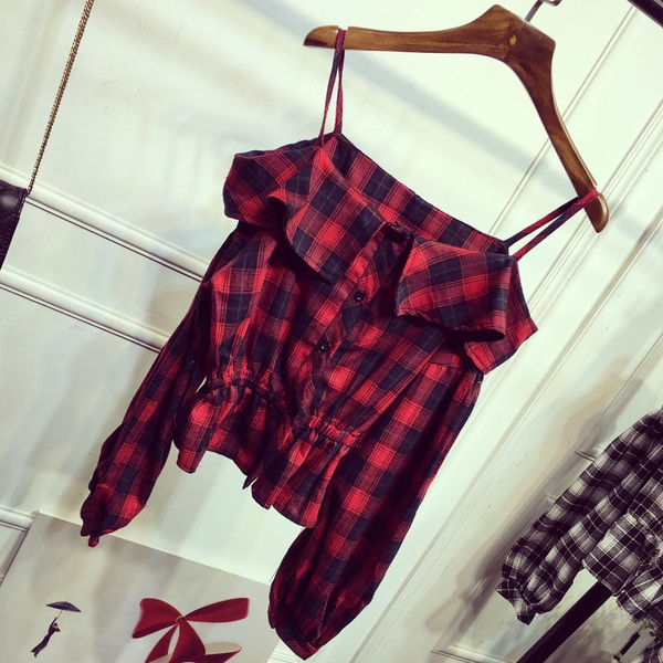 Дамски летни ризи без презрамки на карета червени жълти черни