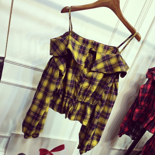 Дамски летни ризи без презрамки на карета червени жълти черни