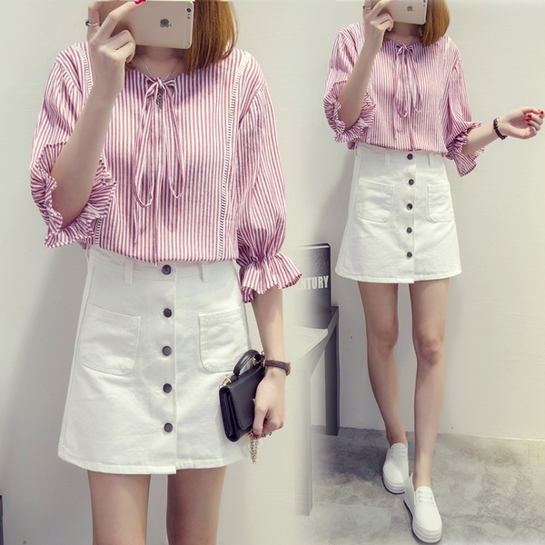 Дамски летни ризи с черни, сини и червени райета модел от памук за пътуване и ежедневие