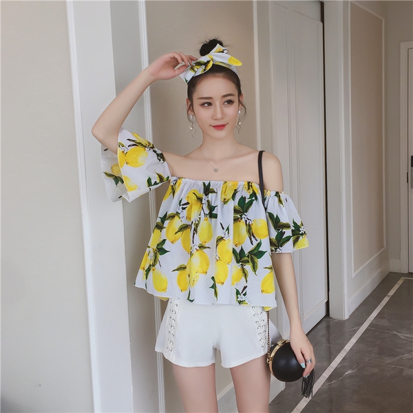 Дамска лятна модерна тънка риза с къс ръкав свеж модел с лимонов принт