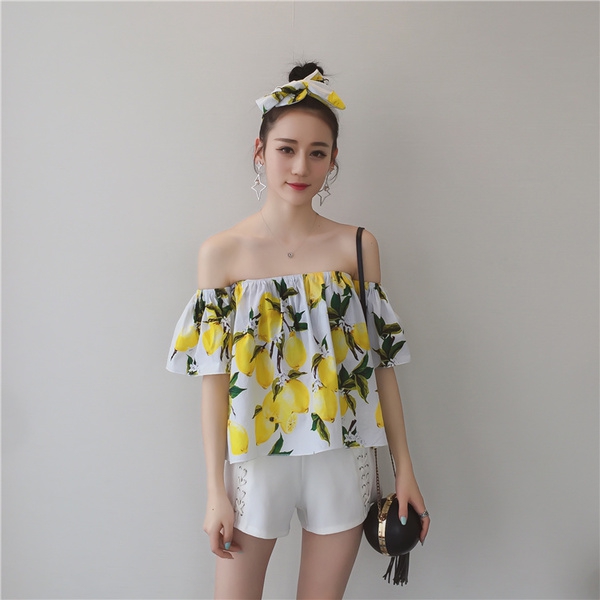 Дамска лятна модерна тънка риза с къс ръкав свеж модел с лимонов принт