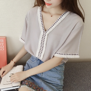 Дамски модерни и свежи летни ризи с къси и широки ръкави и дантела сиви, розови, бели, сини 