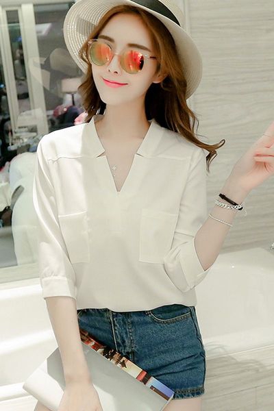 Дамска пролетно-лятна шифонена риза с V-образно деколте: 5 цвята