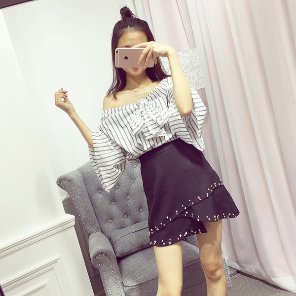 Γυναικείο 2 μέρη καρό πουκάμισο με φαρδιά μανίκια και σιφόν φούστα