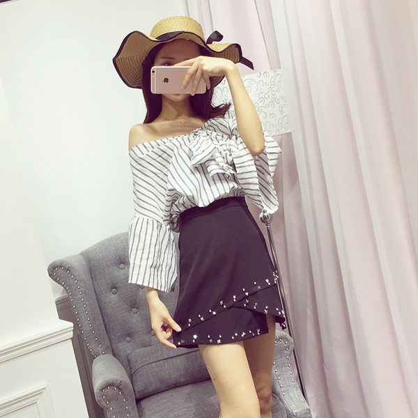 Γυναικείο 2 μέρη καρό πουκάμισο με φαρδιά μανίκια και σιφόν φούστα