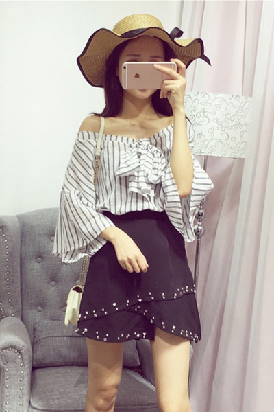 Γυναικείο 2 μέρη καρό πουκάμισο με φαρδιά μανίκια και σιφόν φούστα