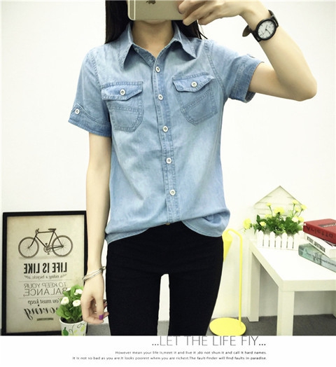 Дамски дънкови ризи с къси ръкави в светлосин и тъмносин цвят