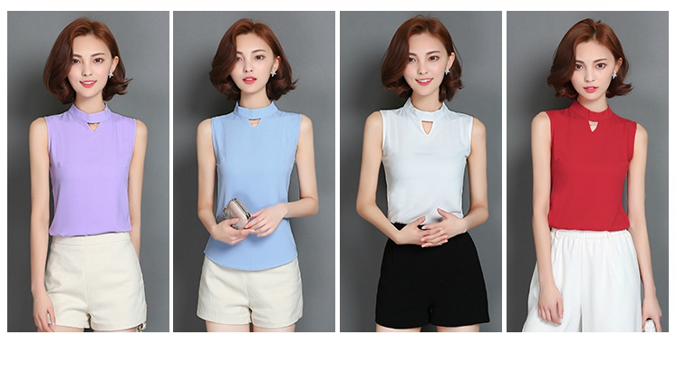 Дамски летни шифонени и модерни фешън ризи без ръкави бели, червени, морско сини, лилави