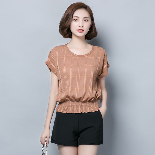 Οι γυναίκες κομψά πουκάμισα σιφόν καλοκαίρι, κοντό μανίκι λευκό, μαύρο και καφέ