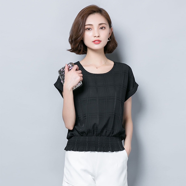 Οι γυναίκες κομψά πουκάμισα σιφόν καλοκαίρι, κοντό μανίκι λευκό, μαύρο και καφέ