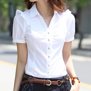 Дамски памучни тънки ризи с къс ръкав в бял и син цвят 