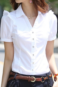 Дамски памучни тънки ризи с къс ръкав в бял и син цвят 