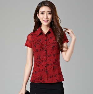 Οι γυναίκες σύγχρονη μόδα κομψό καλοκαίρι κοντομάνικο πουκάμισο κόκκινο με φυτικά μοτίβα