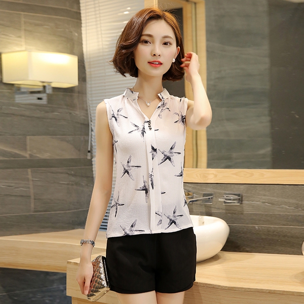 Дамски едноцветни червени, лилави, черни, цветни с флорални мотиви и шифонени ризи без ръкави елегантни топ модели