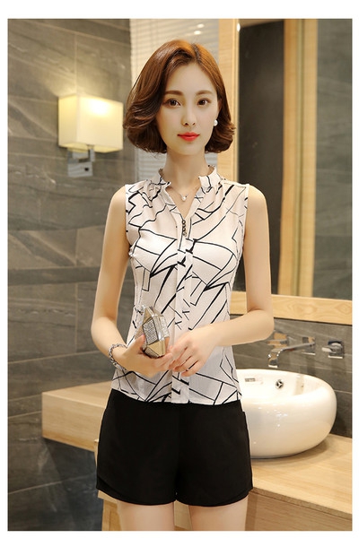 Дамски едноцветни червени, лилави, черни, цветни с флорални мотиви и шифонени ризи без ръкави елегантни топ модели