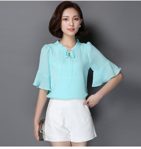 Дамски летни едноцветни и с флорални мотиви ризи с къс и широк ръкав зелени, розови, бели, черни и бели с принтове