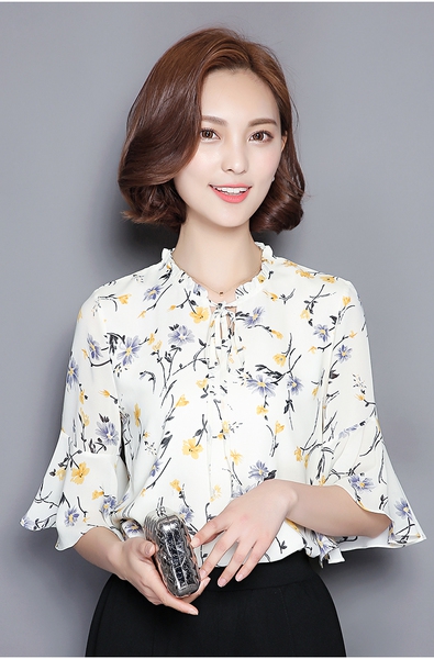 Дамски летни едноцветни и с флорални мотиви ризи с къс и широк ръкав зелени, розови, бели, черни и бели с принтове