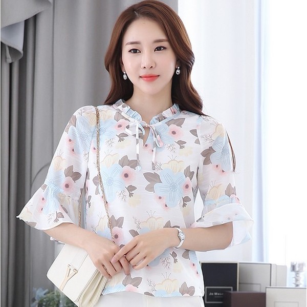 Дамски летни едноцветни и с флорални мотиви ризи с къс и широк ръкав зелени, розови, бели, черни и бели с принтове