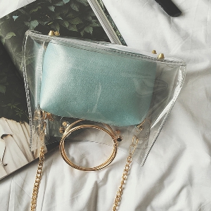Дамска чанта 2 в 1 прозрачна голяма чанта и цветна по малка чанта със златна дълга дръжка и кръгла малка дръжка