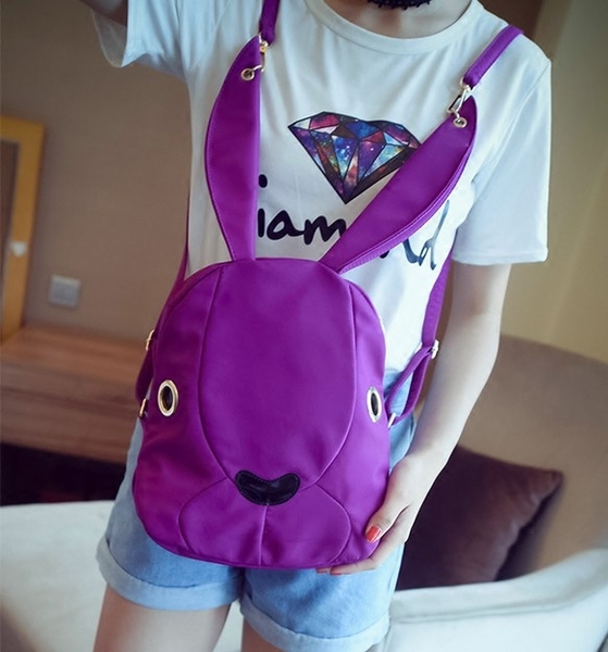 Дамски раници с анимационни щампи и дълги заешки ушички от изкуствена кожа и мека повърхност червени, лилави, черни