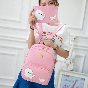 Σετ κυρίες τσάντα και το πορτοφόλι με το γατάκι εκτύπωσης και πεταλούδα - ροζ, μαύρο και μπεζ