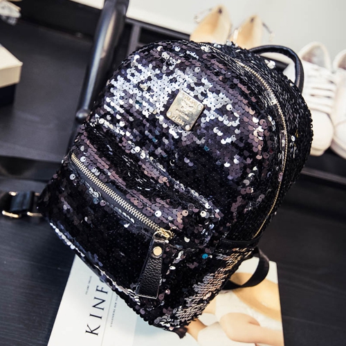 Дамска БЛЕСТЯЩА раница с пайети, интересен модел с променящи се цветове, в черно, бяло и синьо