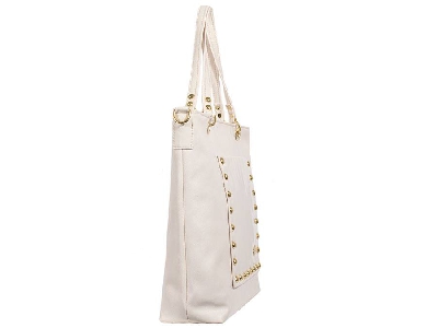Дамска екрю чанта със златиста обкова и удължена дръжка, материал: еко кожа Made in Bulgaria     