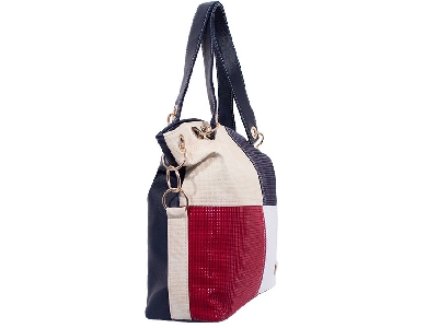 Дамска чанта произведена в България златиста обкова, комбинация червен, бежов и бял цвят и  велурена еко кожа