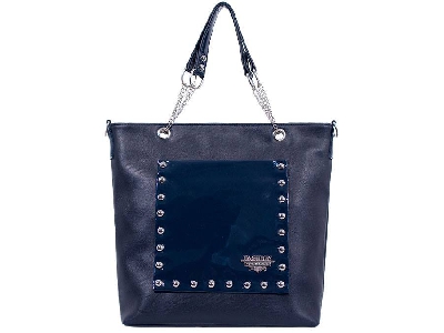 Дамска лачерна чанта от еко кожа в тъмносин цвят и такъв на обковата сребрист - БГ ПРОИЗВОДСТВО