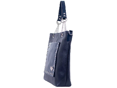 Дамска лачерна чанта от еко кожа в тъмносин цвят и такъв на обковата сребрист - БГ ПРОИЗВОДСТВО