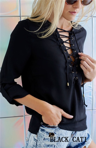 Дамска уникална риза с деколте с  връзки с дълъг ръкав: Бяла, Черна, Синя