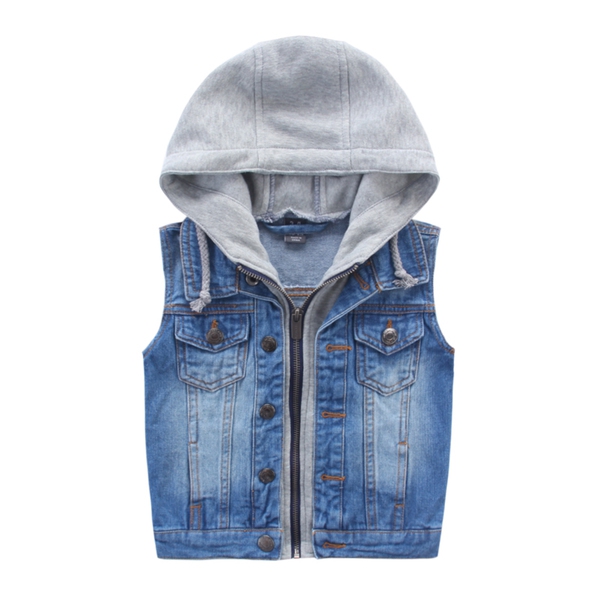 Детски дънков есенен и пролетен елек с качулка за момчета размери за малки и големи деца