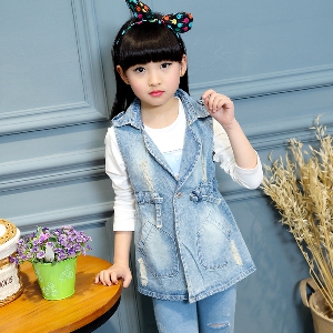 Παιδικό  φθινόπωρο μακρύ τζιν γιλέκο  για κορίτσια - denim μόδας για παιδιά