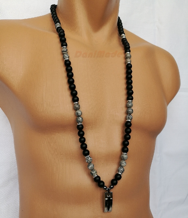 Мъжки гердан от естествени камъни Оникс и Яспис - DM-1030