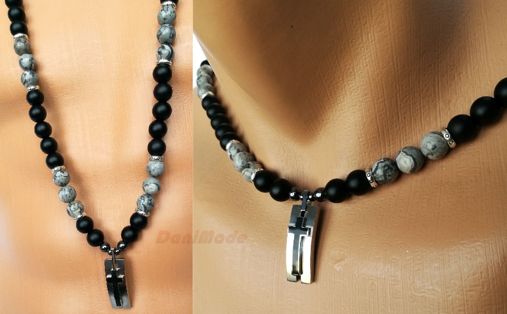 Мъжки гердан от естествени камъни Оникс и Яспис - DM-1030