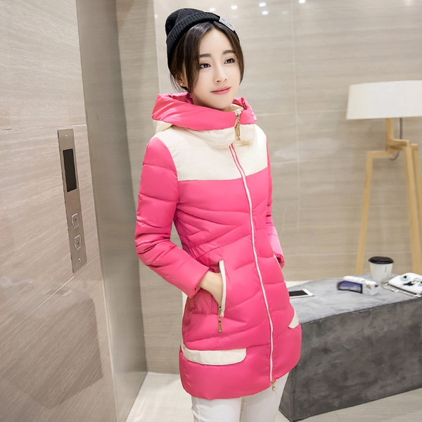 Дамско модерно зимно слим яке сезон 2016 и 2017 с качулка и дълго свежи модели комбинирани модели розови лилави черни