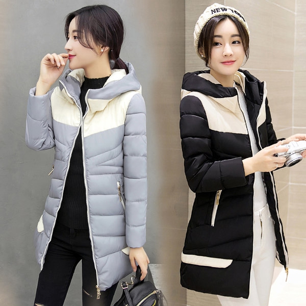 Дамско модерно зимно слим яке сезон 2016 и 2017 с качулка и дълго свежи модели комбинирани модели розови лилави черни