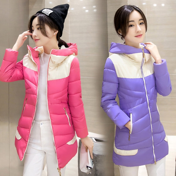 Дамско модерно зимно слим яке сезон 2016 и 2017 с качулка и дълго свежи модели комбинирани модели розови лилави черни