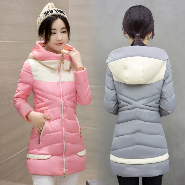 Дамско модерно зимно слим яке сезон 2016 и 2017 с качулка и дълго свежи модели комбинирани модели розови лилави черни