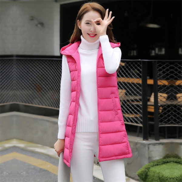 Дамски подплатен дълъг слим елек за есен и зима с качулка червен, розов, черен, сив, син