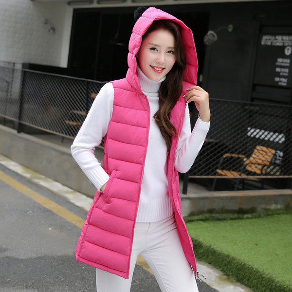 Дамски подплатен дълъг слим елек за есен и зима с качулка червен, розов, черен, сив, син