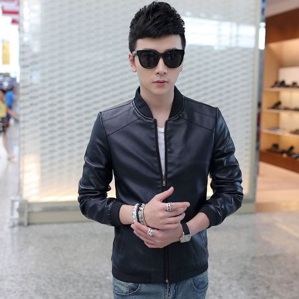 Мъжки кожени якета тип слим с права яка в 8 цветови модела