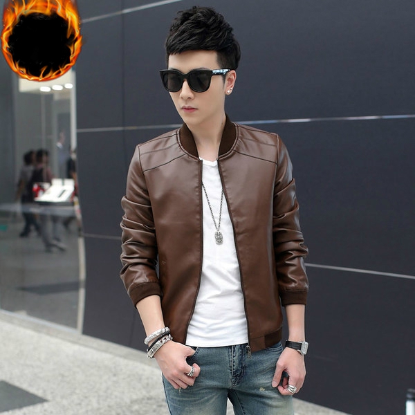 Мъжки кожени якета тип слим с права яка в 8 цветови модела