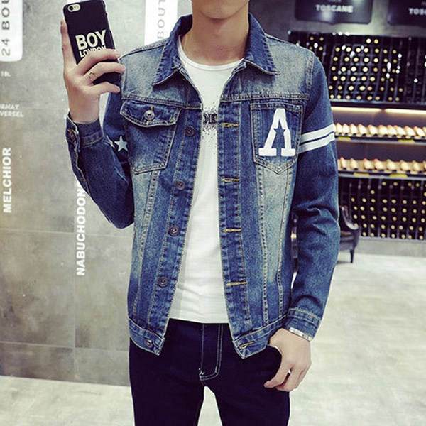 Мъжки дънкови есенно-пролетни якета с извита яка в 5 различни модела в син цвят 