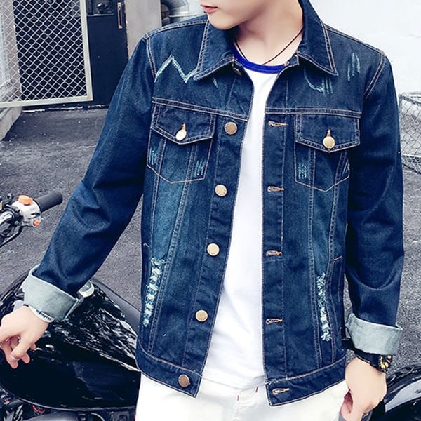 Мъжки есенно-пролетни дънкови якета в светло и тъмносин и светлосин цвят с извита яка 10 модела