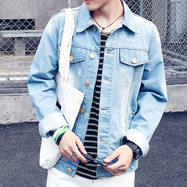 Мъжки есенно-пролетни дънкови якета в светло и тъмносин и светлосин цвят с извита яка 10 модела